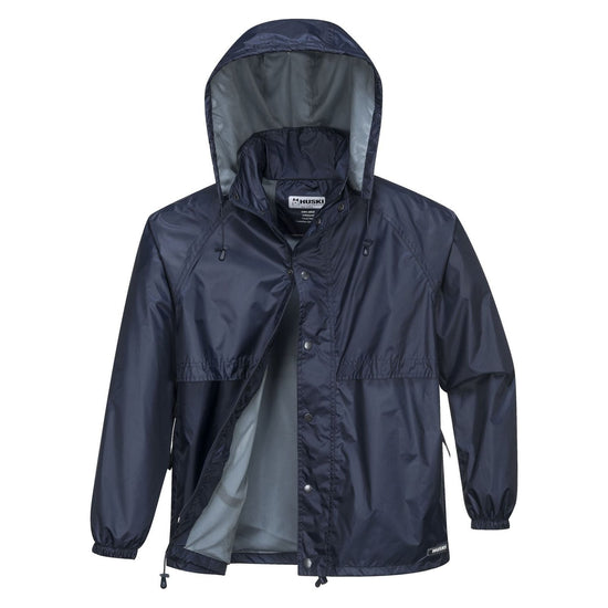 HUSKI STRATUS RAIN JACKET Waterproof Workwear Concealed Hood Windproof Packable - Navy Blue - XL