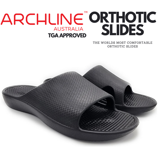 Archline Rebound Orthotic Slides Flip Flop Thongs Slip On Arch Support - Black - Euro 36