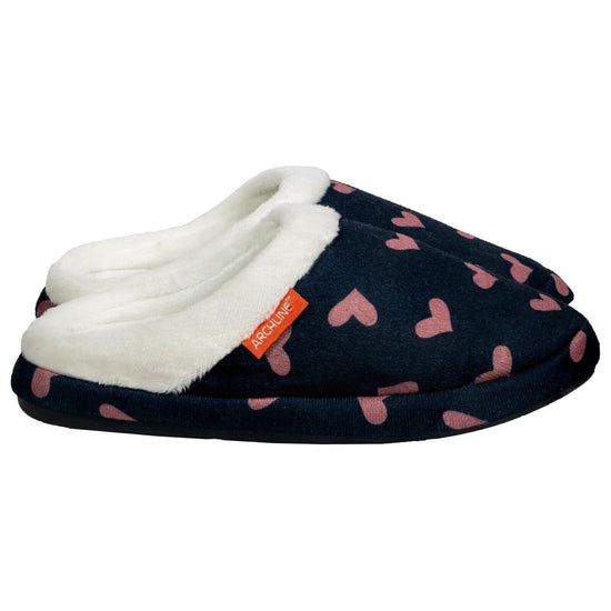 ARCHLINE Orthotic Slippers Slip On Scuffs Pain Relief Moccasins - Navy with Hearts - EUR 38 (Womens US 7)