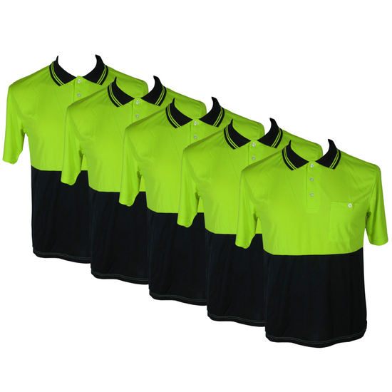 5x HI VIS Polo Shirt Top Tee Safety Workwear Short Sleeve Breathable Mesh BULK - Yellow/Navy - M (16)