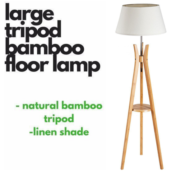 LARGE BAMBOO TRIPOD FLOOR LAMP Linen Shade Modern Light Vintage Wooden Scandi