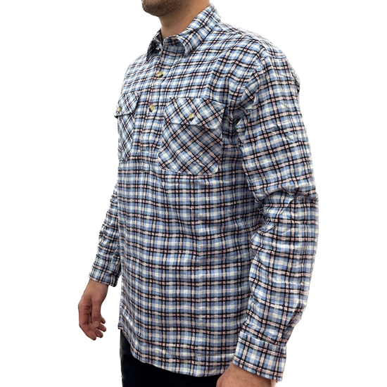 Mens Flannelette Long Sleeve Pullover Shirt 100% Cotton Flannel - Half Placket - Blue Check - M
