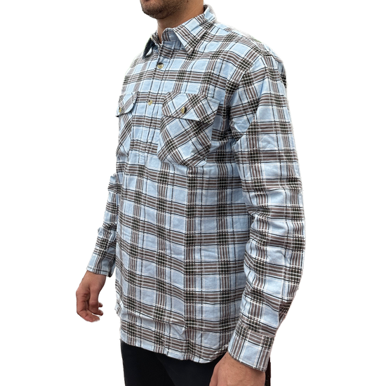 Mens Flannelette Long Sleeve Pullover Shirt 100% Cotton Flannel - Half Placket - Sky Blue/Grey Check - M