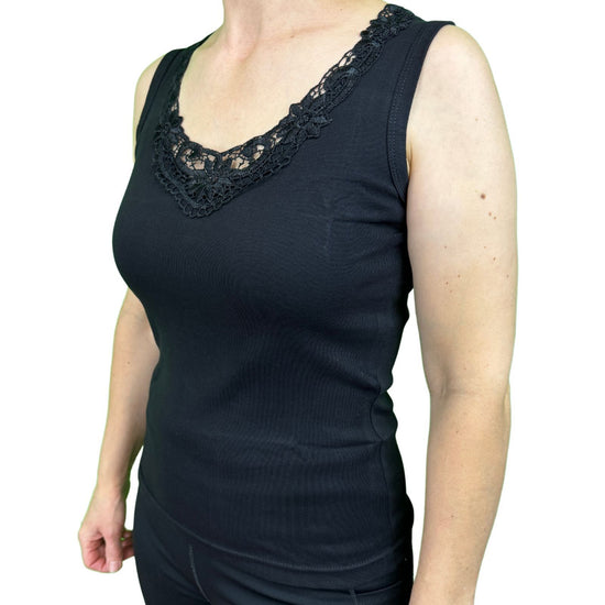 Ladies Sleeveless Singlet Top Womens Summer Basic Tank Shirt Lace Motif Front - Black - 12-14