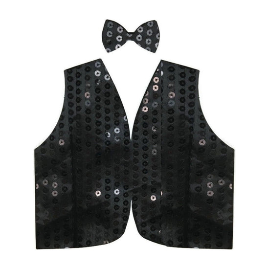 Mens SEQUIN VEST Dance Costume Party Coat Disco Accessory Sparkle Waistcoat - Black