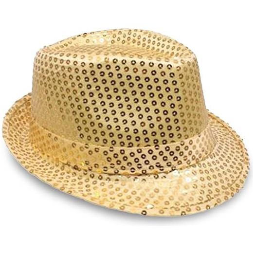 SEQUIN HAT Trilby Fedora Glitter Cap Costume Dance Party - Yellow/Gold