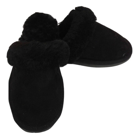 100% Sheepskin Moccasin Slippers Winter Genuine Scuffs Slip On Mens Womens - Black (with fur) - 7