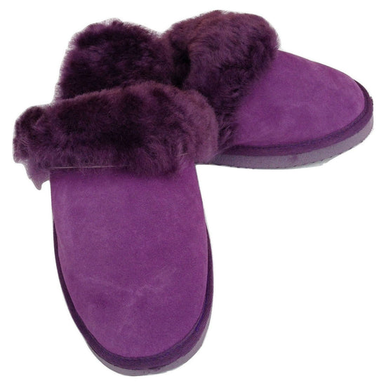 100% Sheepskin Moccasin Slippers Winter Genuine Scuffs Slip On Mens Womens - Purple (with fur) - 7