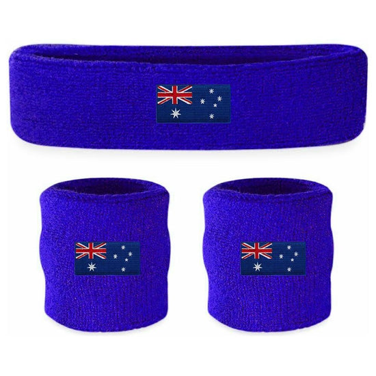 WRISTBAND & HEADBAND SET Tennis Terry Towelling Cotton Sweat Band Team Gym  - Australia Flag