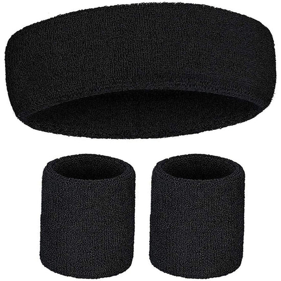 WRISTBAND & HEADBAND SET Tennis Terry Towelling Cotton Sweat Band Team Gym  - Black