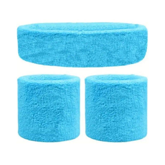 WRISTBAND & HEADBAND SET Tennis Terry Towelling Cotton Sweat Band Team Gym  - Sky Blue