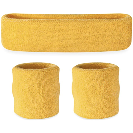 WRISTBAND & HEADBAND SET Tennis Terry Towelling Cotton Sweat Band Team Gym  - Yellow