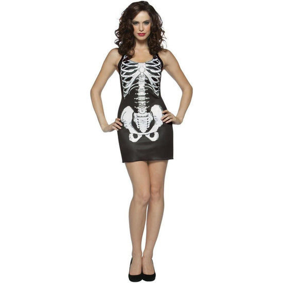 Womens SKELETON COSTUME Halloween Bones Tank Dress Black White Party