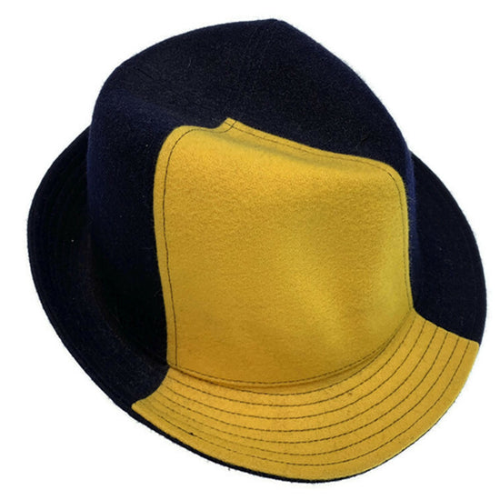 Mens Wool Trilby Hat Warm Winter Fedora Brim - Yellow/Navy Blue - Large