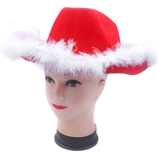 CHRISTMAS HAT Wide Brim Santa Xmas Party Costume Cowboy Fedora Red Fur Cap