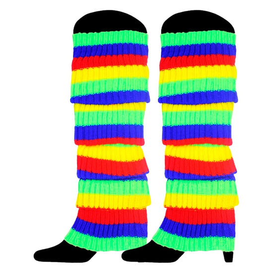 RAINBOW LEG WARMERS High Knitted Womens Neon Party Knit Ankle Socks 80s Dance - Rainbow