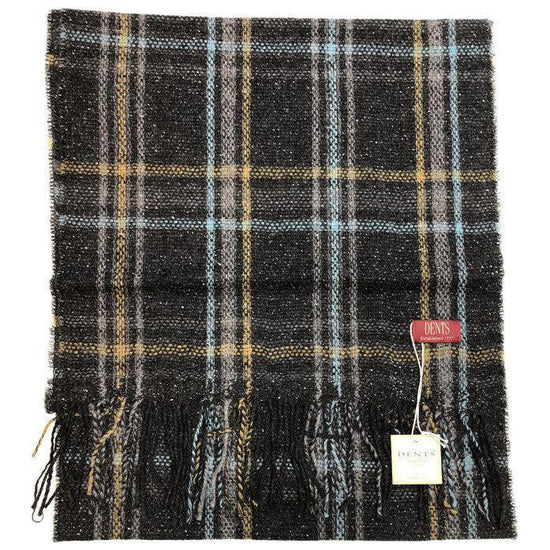 DENTS Woven Checked Scarf w Fringed Edges Wool Blend MADE IN ITALY - Charcoal