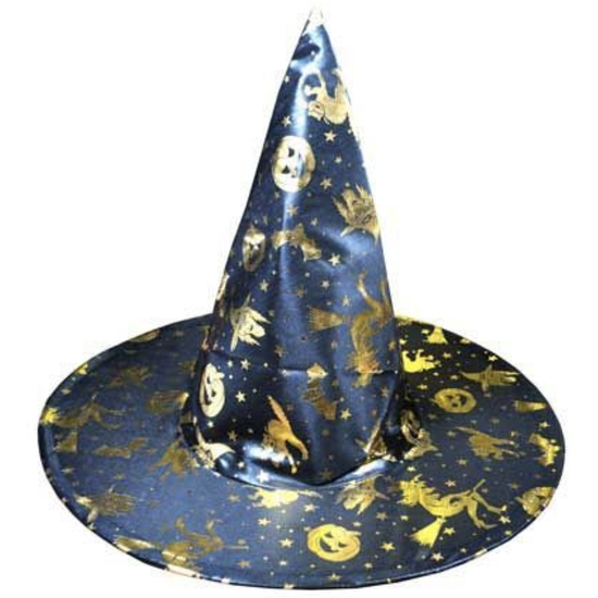 WITCH HAT Gold & Black Halloween Costume Fancy Dress Womens Accessory Wizard