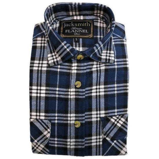 Mens Flannelette Shirt 100% Cotton Check Authentic Flannel Long Sleeve Vintage - Navy Check - S