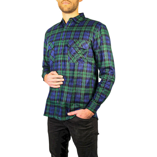 Mens Flannelette Long Sleeve Shirt 100% Cotton Check Authentic Flannel - Full Placket - Green - L