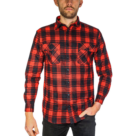 Mens Flannelette Long Sleeve Shirt 100% Cotton Check Authentic Flannel - Full Placket - Red - L