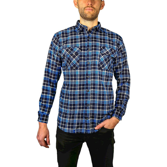 Mens Flannelette Long Sleeve Shirt 100% Cotton Check Authentic Flannel - Full Placket - Turquoise/Black - M