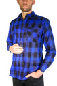 Mens Flannelette Long Sleeve Shirt 100% Cotton Check Authentic Flannel - Full Placket - Royal Blue  - L