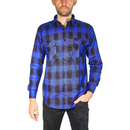 Mens Flannelette Long Sleeve Shirt 100% Cotton Check Authentic Flannel - Full Placket - Royal Blue - XL