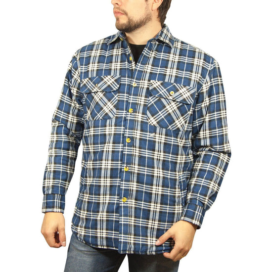 Mens Flannelette Long Sleeve Shirt 100% Cotton Check - Full Placket - Spanish Blue - L