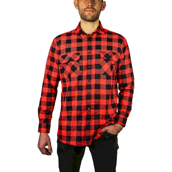 Mens 100% Cotton Flannelette Shirt Long Sleeve Check Authentic Flannel - Red/Black - L