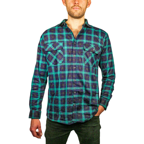 Mens 100% Cotton Flannelette Shirt Long Sleeve Check Authentic Flannel - Green/Navy - 4XL