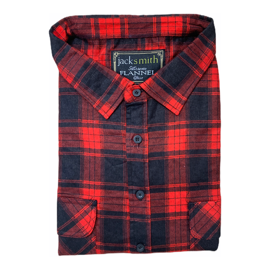 Mens Flannelette Long Sleeve Shirt 100% Cotton Authentic Flannel - Half Placket - Red - 5XL