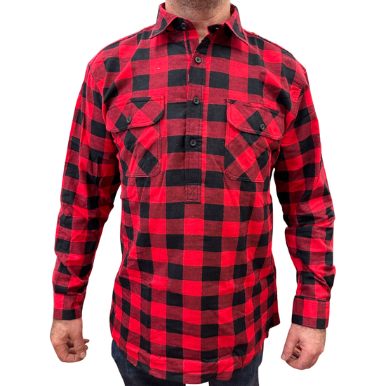 Mens Flannelette Long Sleeve Pullover Shirt 100% Cotton Flannel - Half Placket - Red/Black - M