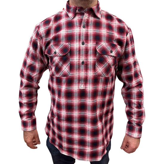 Mens Flannelette Long Sleeve Pullover Shirt 100% Cotton Flannel - Half Placket - Red/Black - 8XL