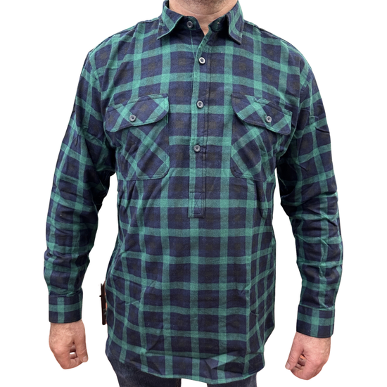 Mens Flannelette Long Sleeve Pullover Shirt 100% Cotton Flannel - Half Placket - Green/Navy - 4XL