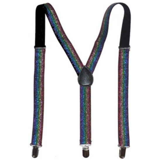 GLITTER SPARKLE SUSPENDERS Braces Clipon Elastic Y-Back Slim Adjustable  - Rainbow (Glitter)