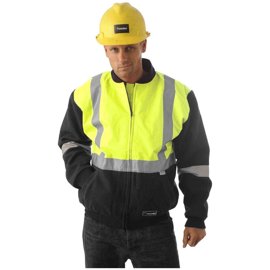 HUSKI Site Mens Hi Vis Wool Blend Bomber Jacket 3M Reflective Tape High Visibility - Yellow/Navy - 4XL