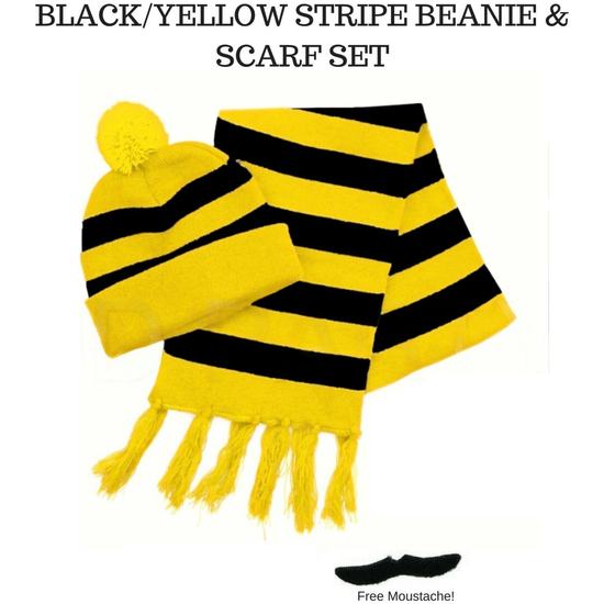 Tigers Beanie Hat & Scarf Set Party Costume w Moustache Warm Winter - Black/Yellow Stripe