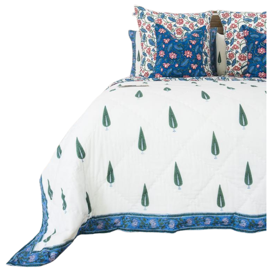 Kolka Kumudani Quilt 100% Cotton Lotus and Pines Print - Queen Size