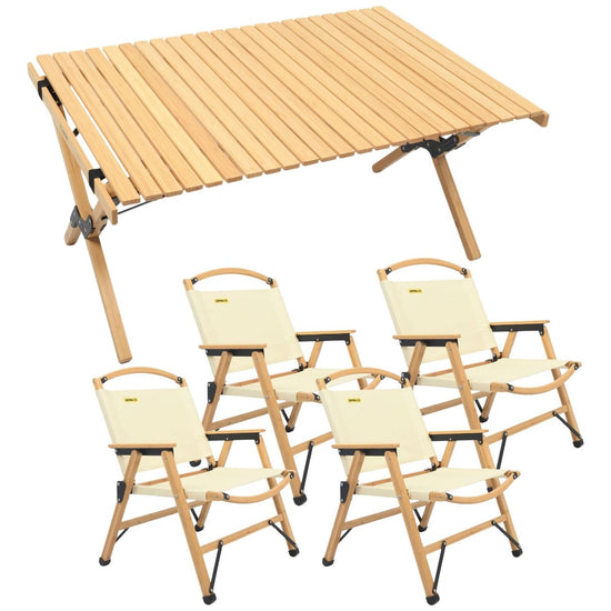 4 Chairs & 1 Table Set Bamboo Camping Folding Portable Outdoor Picnic Travel BBQ