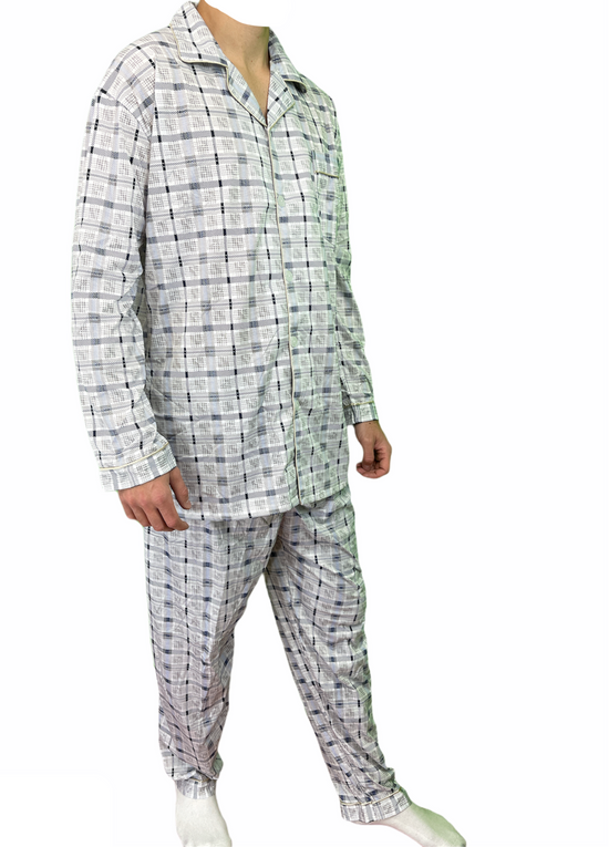 Mens Cotton Pajamas Pyjamas PJs Long Sleeve Shirt Tops + Pants Set Sleepwear - White/Blue - XL