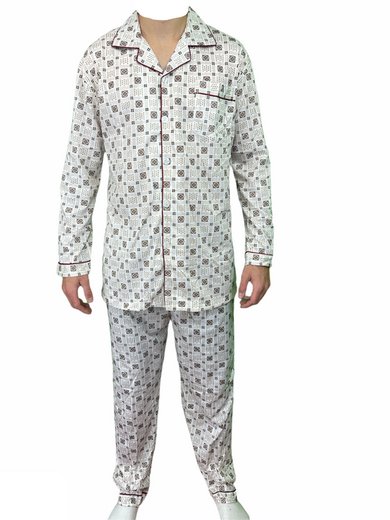 Mens Cotton Pajamas Pyjamas PJs Long Sleeve Shirt Tops + Pants Set Sleepwear - White/Brown - XXL