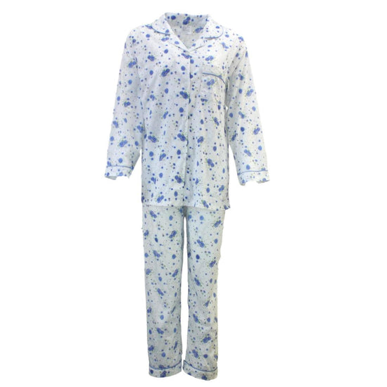 Womens PYJAMAS PJs Set Pajamas Ladies Cotton PJ Womens Long Sleeve Sleepwear - Blue - 14