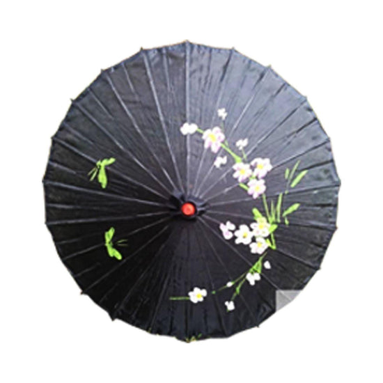 PARASOL UMBRELLA Chinese Japanese Bamboo Flower Pattern Fabric 80cm Diameter - Black