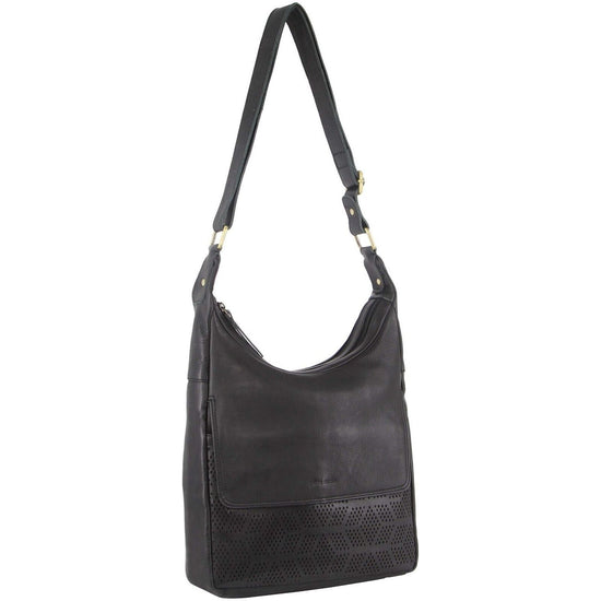 Pierre Cardin Womens Large Leather Multi Zip Perforated Cross-Body Bag - Black