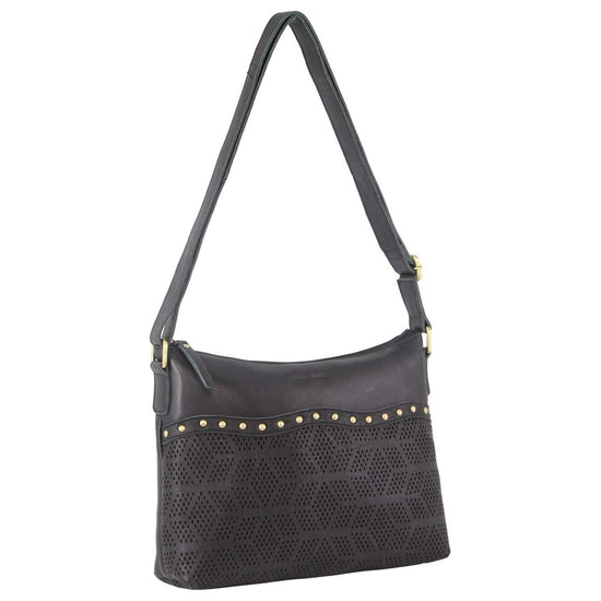 Pierre Cardin Womens Leather Perforated Cross-Body Bag with stud Detailing - Black