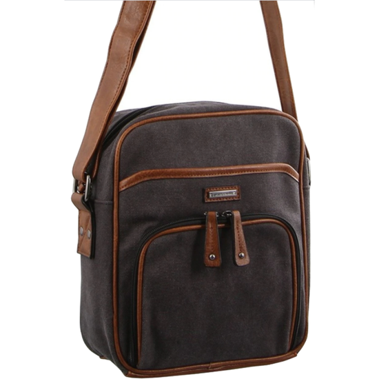 Pierre Cardin Canvas Cross Body Messenger Bag Mens Ladies Satchel Day Pack - Black