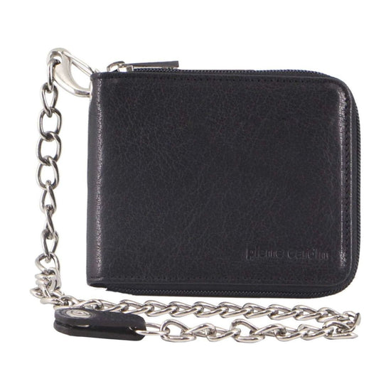 Pierre Cardin Zip Around Mens Leather Wallet with Chain in Black