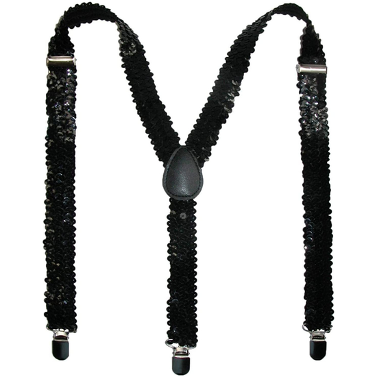 Mens Suspenders Braces Adjustable Strong Clip On Elastic Formal Wedding Slim - Black (Sequin)