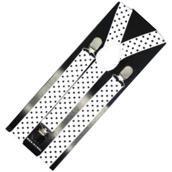 Mens Suspenders Braces Adjustable Strong Clip On Elastic Formal Wedding Slim - White with Black Polka Dot